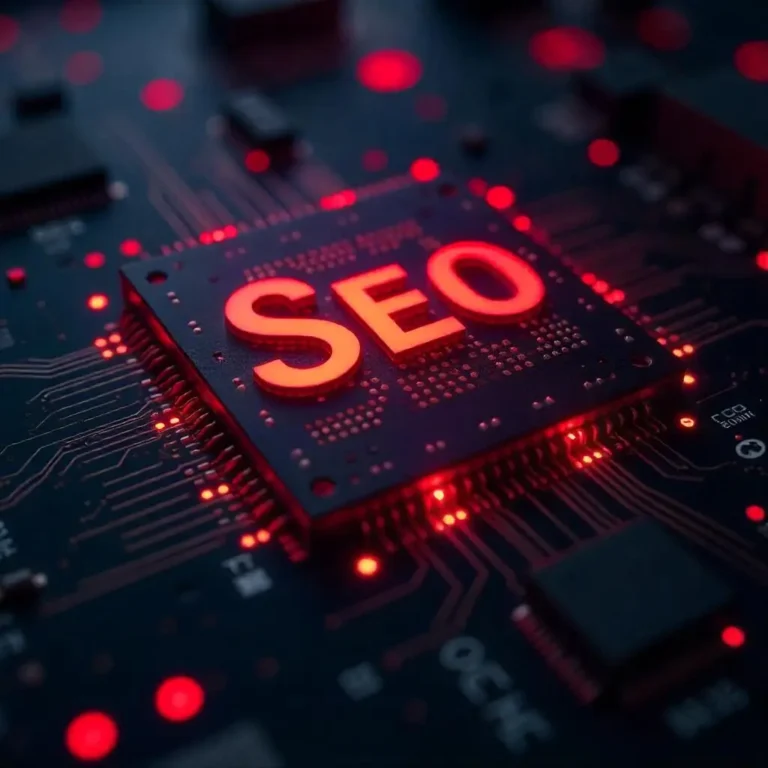 Glowing red SEO microchip representing digital marketing and search engine optimization technology - best seo services in dubai